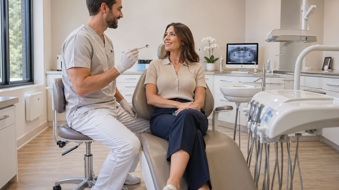 Dentist talking to patient in a modern dental office.