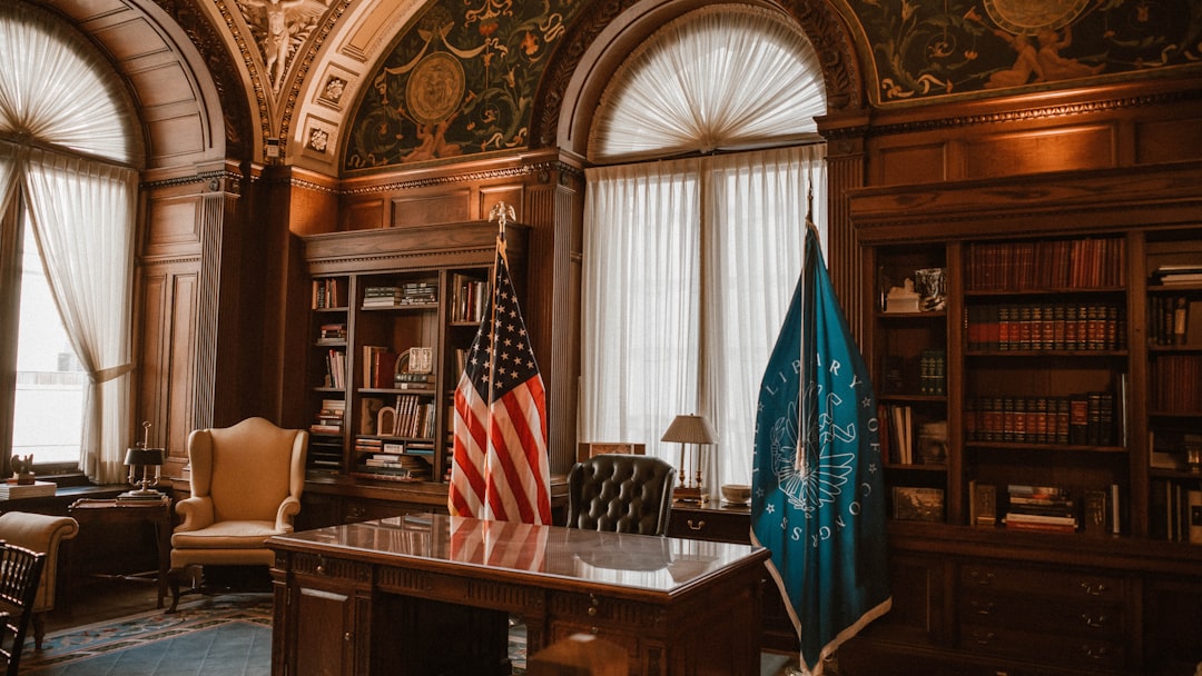 Grand office with flags and bookshelves