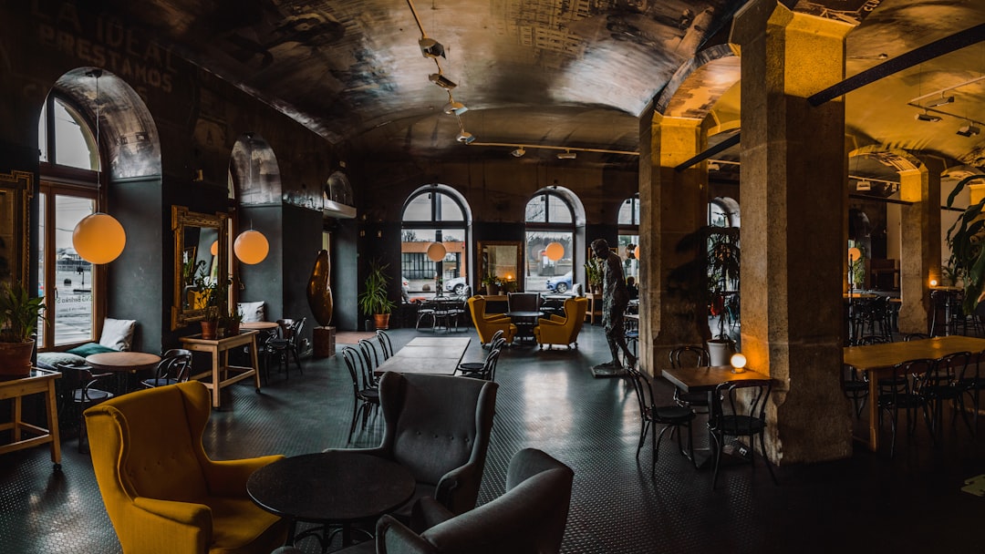tables and chairs inside building